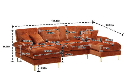 U-Shape Sectional Sofa: 114" Modern Chenille 4 Seater Upholstered Modular Sofa Sleeper With Double Lounge Chaise For Living Room(Orange Chenille)