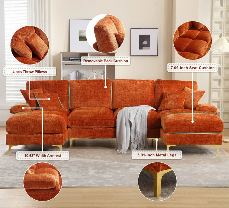 U-Shape Sectional Sofa: 114" Modern Chenille 4 Seater Upholstered Modular Sofa Sleeper With Double Lounge Chaise For Living Room(Orange Chenille)