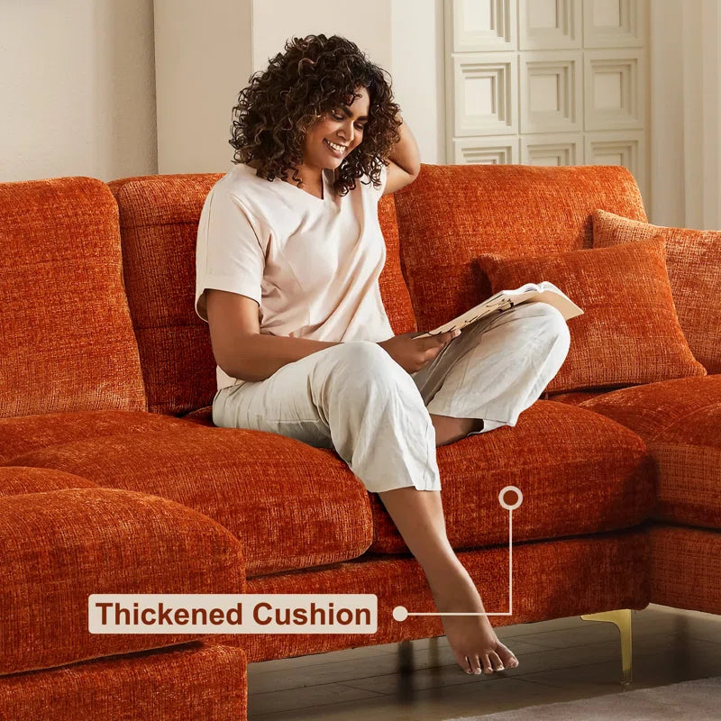 U-Shape Sectional Sofa: 114" Modern Chenille 4 Seater Upholstered Modular Sofa Sleeper With Double Lounge Chaise For Living Room(Orange Chenille)