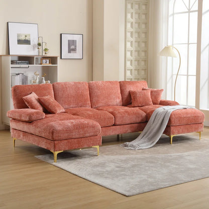 U-Shape Sectional Sofa: 114" Modern Chenille 4 Seater Upholstered Modular Sofa Sleeper With Double Lounge Chaise For Living Room(Pink Chenille)