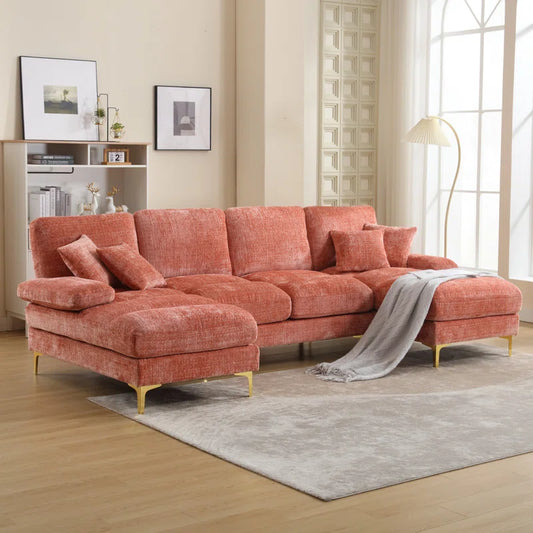 U-Shape Sectional Sofa: 114" Modern Chenille 4 Seater Upholstered Modular Sofa Sleeper With Double Lounge Chaise For Living Room(Pink Chenille)