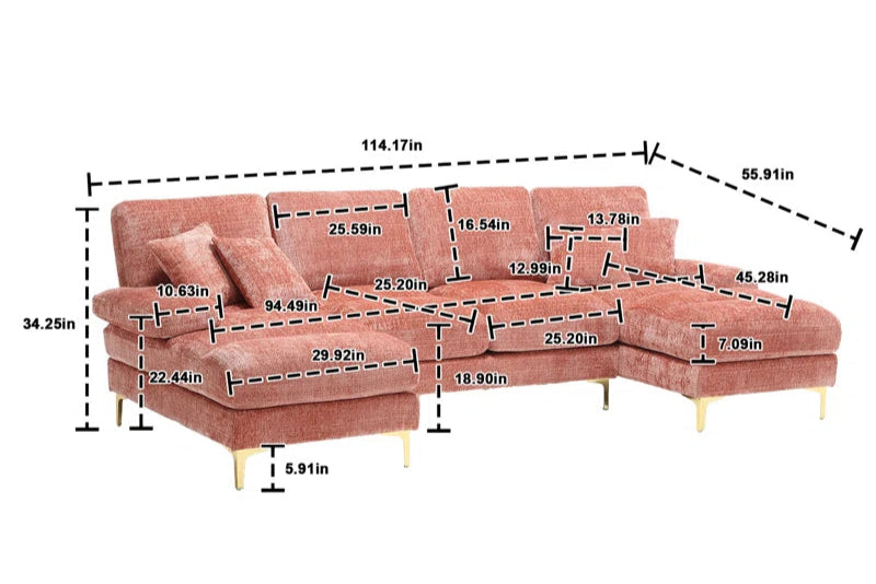 U-Shape Sectional Sofa: 114" Modern Chenille 4 Seater Upholstered Modular Sofa Sleeper With Double Lounge Chaise For Living Room(Pink Chenille)