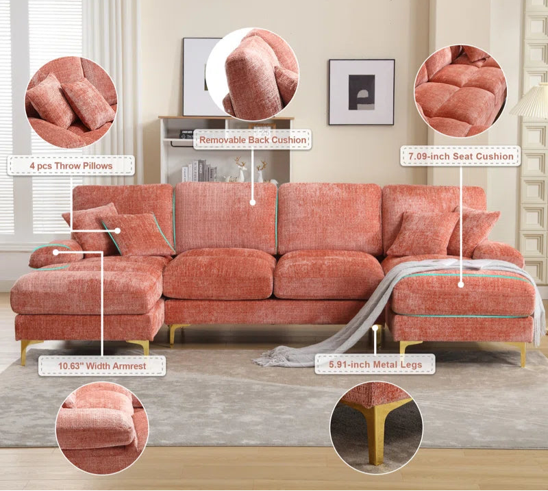 U-Shape Sectional Sofa: 114" Modern Chenille 4 Seater Upholstered Modular Sofa Sleeper With Double Lounge Chaise For Living Room(Pink Chenille)