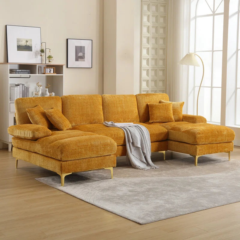 U-Shape Sectional Sofa: 114" Modern Chenille 4 Seater Upholstered Modular Sofa Sleeper With Double Lounge Chaise For Living Room(Yellow Chenille)