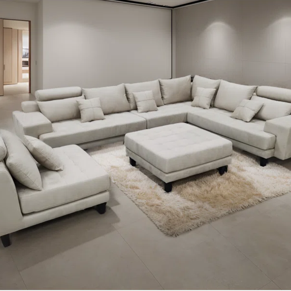 U-Shape Sectional Sofa: 5 - Piece Upholstered Fabric Sectional Sofa(Beige Microfiber/Microsuede)