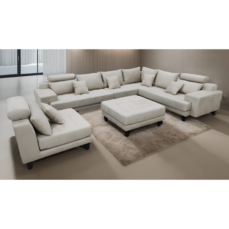 U-Shape Sectional Sofa: 5 - Piece Upholstered Fabric Sectional Sofa(Beige Microfiber/Microsuede)