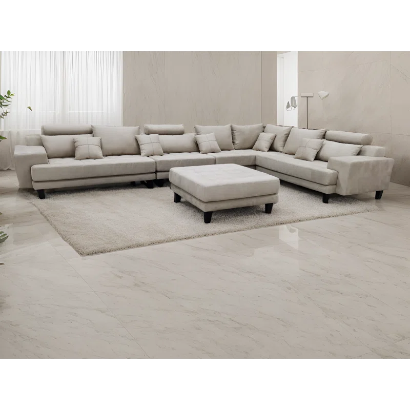 U-Shape Sectional Sofa: 5 - Piece Upholstered Fabric Sectional Sofa(Beige Microfiber/Microsuede)