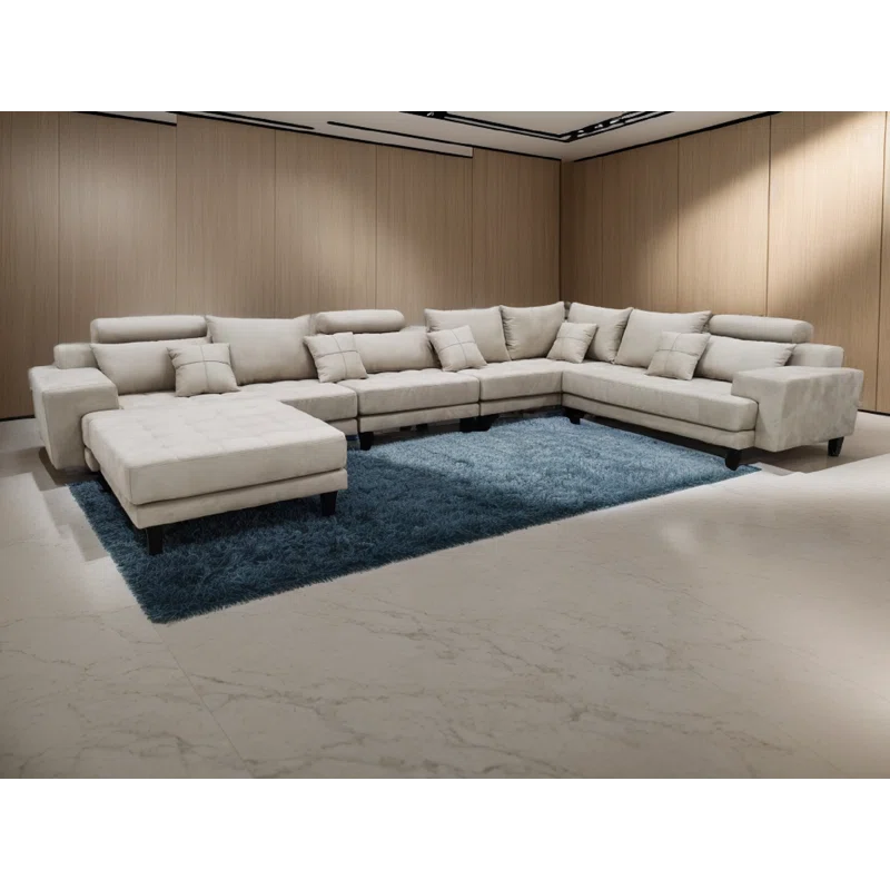 U-Shape Sectional Sofa: 5 - Piece Upholstered Fabric Sectional Sofa(Beige Microfiber/Microsuede)