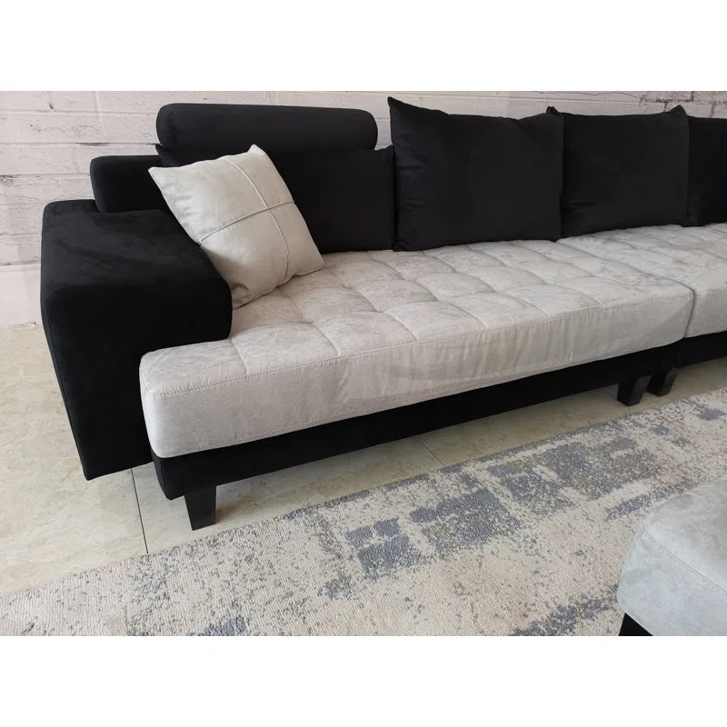 U-Shape Sectional Sofa: 5 - Piece Upholstery Fabric Sectional Sofa(Black/Gray Microfiber/Microsuede)