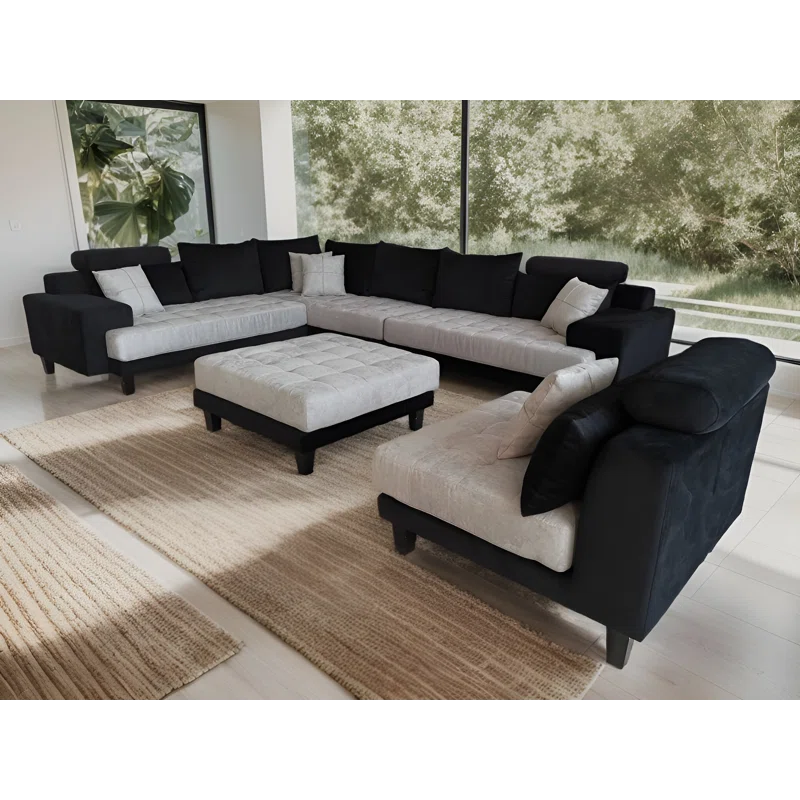 U-Shape Sectional Sofa: 5 - Piece Upholstery Fabric Sectional Sofa(Black/Gray Microfiber/Microsuede)
