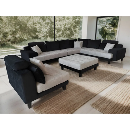 U-Shape Sectional Sofa: 5 - Piece Upholstery Fabric Sectional Sofa(Black/Gray Microfiber/Microsuede)