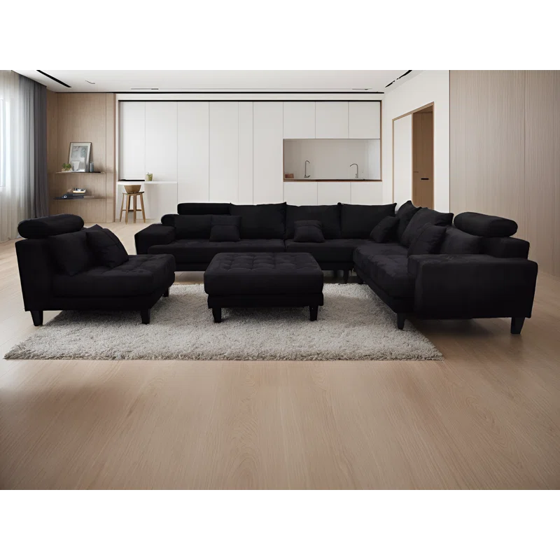 U-Shape Sectional Sofa: 5 - Piece Upholstered Fabric Sectional Sofa(Black Microfiber/Microsuede)