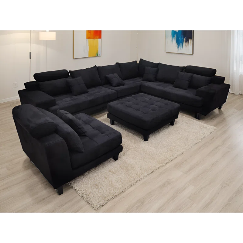 U-Shape Sectional Sofa: 5 - Piece Upholstered Fabric Sectional Sofa(Black Microfiber/Microsuede)