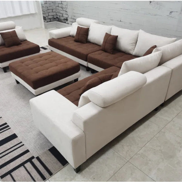 U-Shape Sectional Sofa: 5 - Piece Upholstered Fabric Sectional Sofa(Brown/Cream Microfiber/Microsuede)