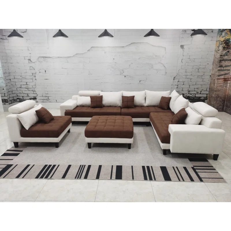 U-Shape Sectional Sofa: 5 - Piece Upholstered Fabric Sectional Sofa(Brown/Cream Microfiber/Microsuede)