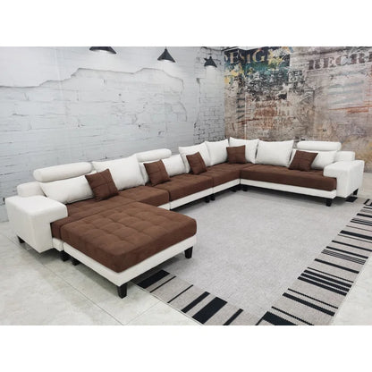 U-Shape Sectional Sofa: 5 - Piece Upholstered Fabric Sectional Sofa(Brown/Cream Microfiber/Microsuede)
