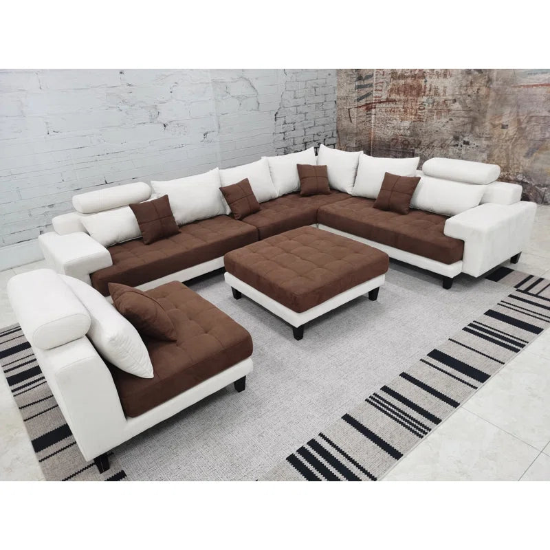 U-Shape Sectional Sofa: 5 - Piece Upholstered Fabric Sectional Sofa(Brown/Cream Microfiber/Microsuede)