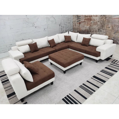 U-Shape Sectional Sofa: 5 - Piece Upholstered Fabric Sectional Sofa(Brown/Cream Microfiber/Microsuede)