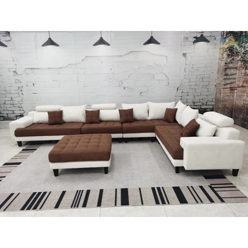 U-Shape Sectional Sofa: 5 - Piece Upholstered Fabric Sectional Sofa(Brown/Cream Microfiber/Microsuede)