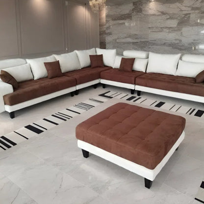 U-Shape Sectional Sofa: 5 - Piece Upholstered Fabric Sectional Sofa(Cream/Brown Microfiber/Microsuede)