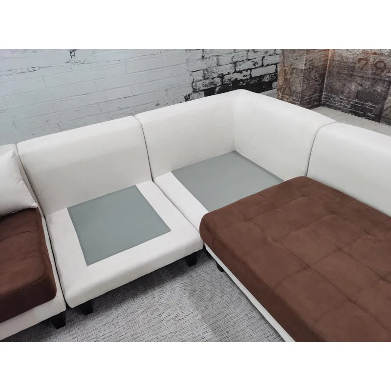 U-Shape Sectional Sofa: 5 - Piece Upholstered Fabric Sectional Sofa(Cream/Brown Microfiber/Microsuede)