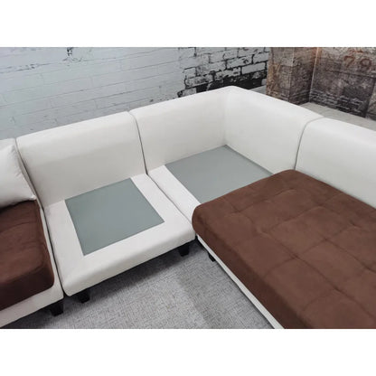 U-Shape Sectional Sofa: 5 - Piece Upholstered Fabric Sectional Sofa(Cream/Brown Microfiber/Microsuede)