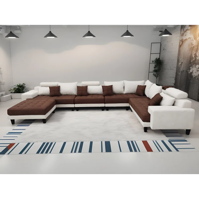 U-Shape Sectional Sofa: 5 - Piece Upholstered Fabric Sectional Sofa(Cream/Brown Microfiber/Microsuede)