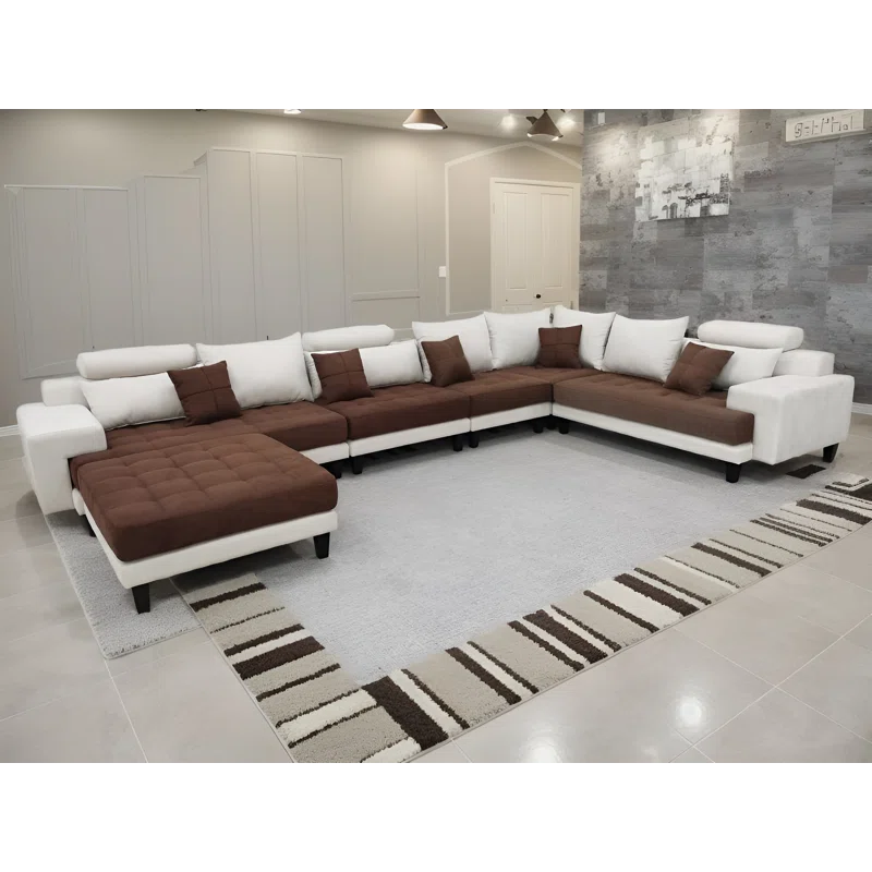 U-Shape Sectional Sofa: 5 - Piece Upholstered Fabric Sectional Sofa(Cream/Brown Microfiber/Microsuede)