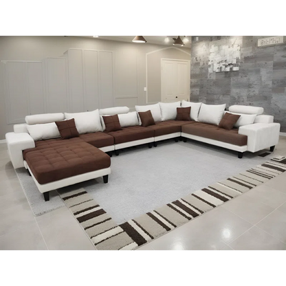 U-Shape Sectional Sofa: 5 - Piece Upholstered Fabric Sectional Sofa(Cream/Brown Microfiber/Microsuede)