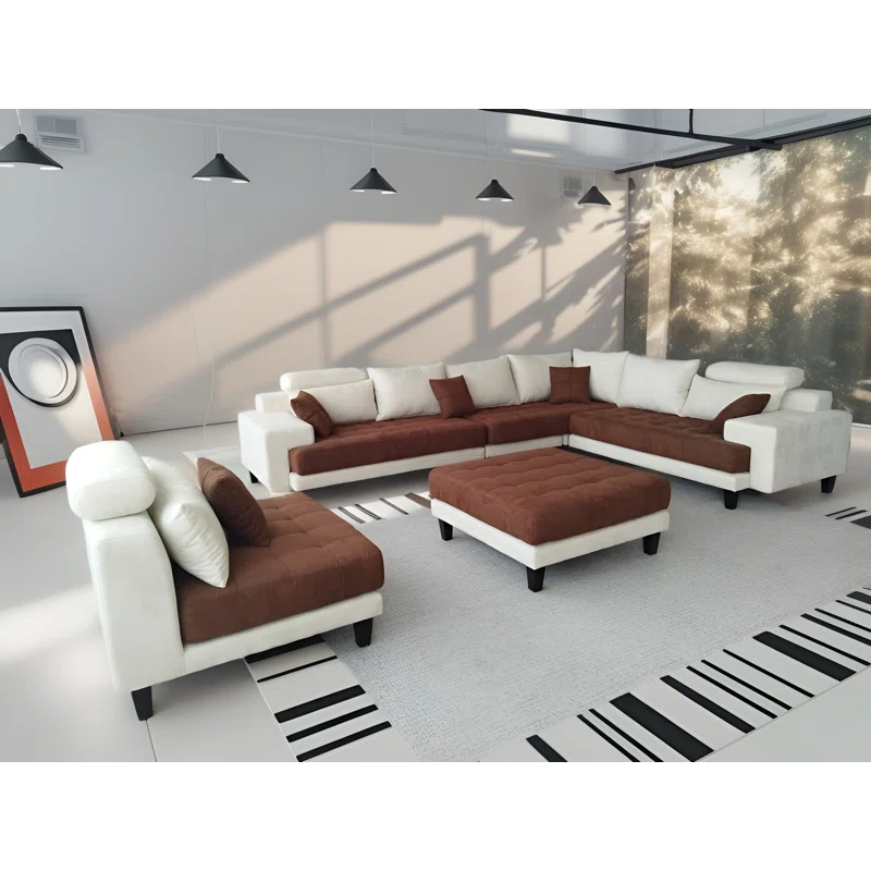 U-Shape Sectional Sofa: 5 - Piece Upholstered Fabric Sectional Sofa(Cream/Brown Microfiber/Microsuede)