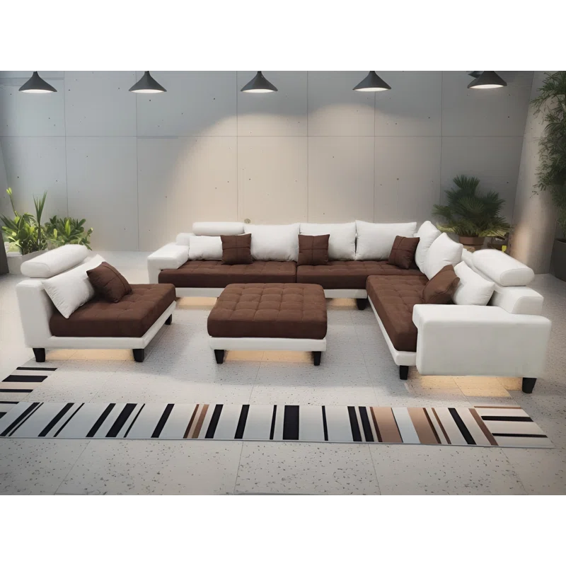 U-Shape Sectional Sofa: 5 - Piece Upholstered Fabric Sectional Sofa(Cream/Brown Microfiber/Microsuede)