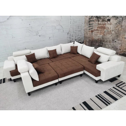 U-Shape Sectional Sofa: 5 - Piece Upholstered Fabric Sectional Sofa(Cream/Brown Microfiber/Microsuede)