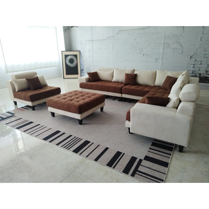 U-Shape Sectional Sofa: 5 - Piece Upholstered Fabric Sectional Sofa(Cream/Brown Microfiber/Microsuede)