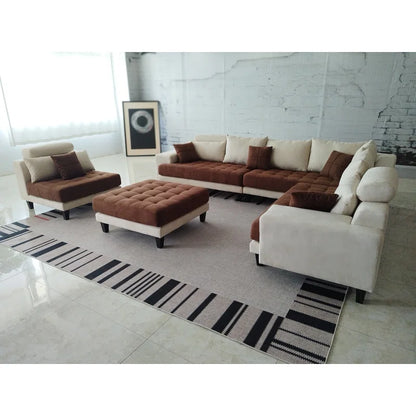 U-Shape Sectional Sofa: 5 - Piece Upholstered Fabric Sectional Sofa(Cream/Brown Microfiber/Microsuede)