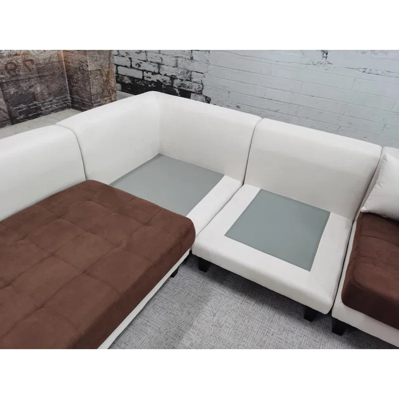 U-Shape Sectional Sofa: 5 - Piece Upholstered Fabric Sectional Sofa(Cream/Brown Microfiber/Microsuede)