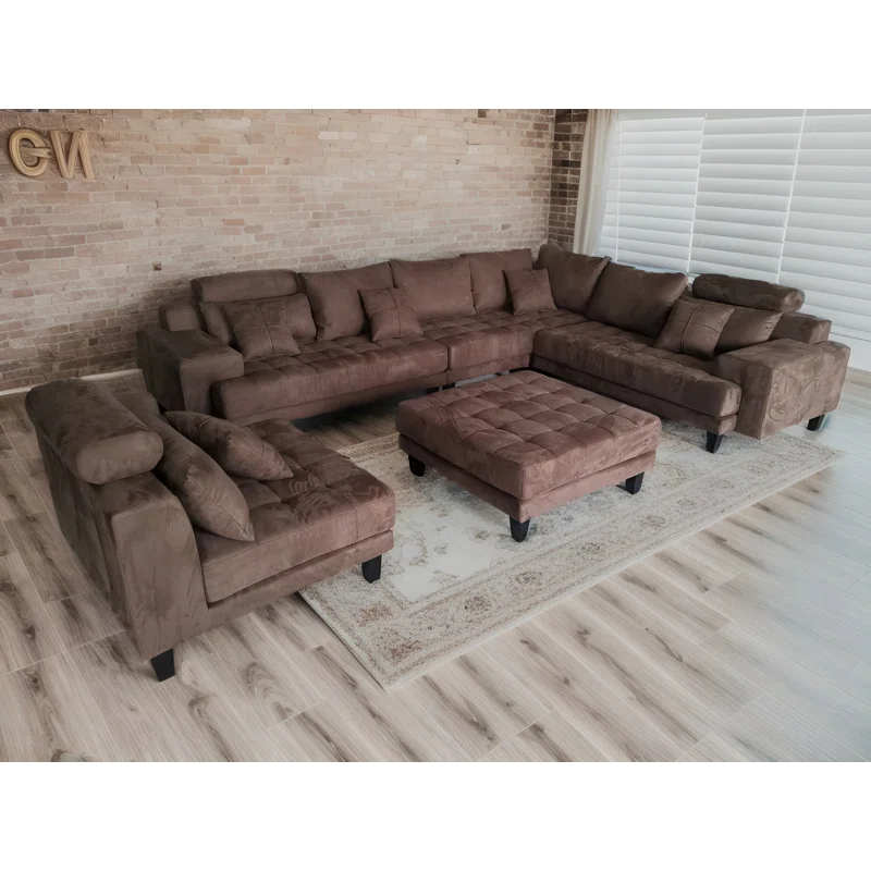 U-Shape Sectional Sofa: 5 - Piece Upholstered Fabric Sectional Sofa(Dark Brown Microfiber/Microsuede)