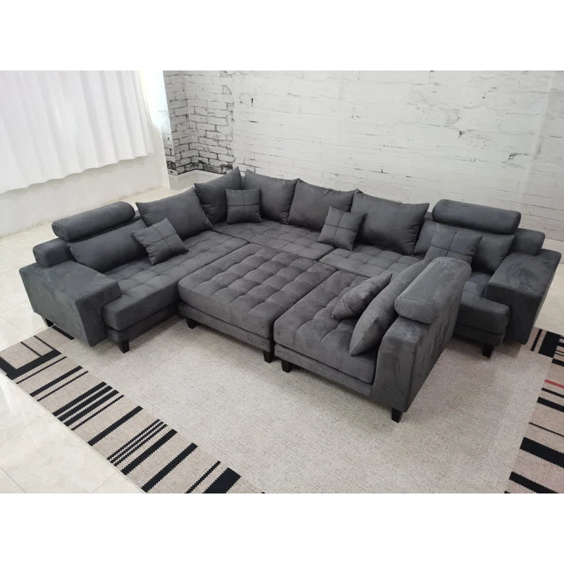 U-Shape Sectional Sofa: 5 - Piece Upholstered Fabric Sectional Sofa(Dark Gray Microfiber/Microsuede)