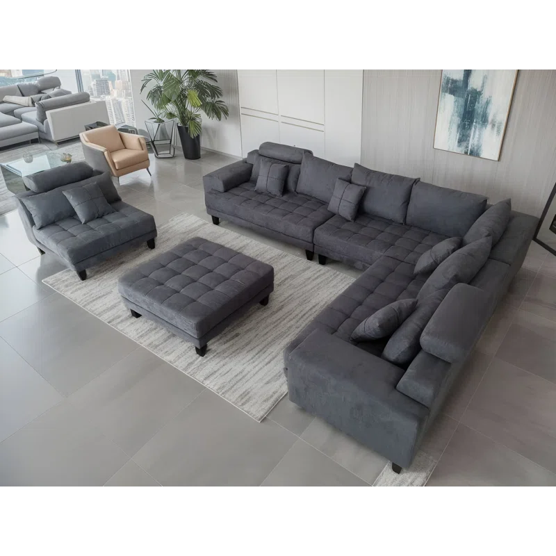 U-Shape Sectional Sofa: 5 - Piece Upholstered Fabric Sectional Sofa(Dark Gray Microfiber/Microsuede)