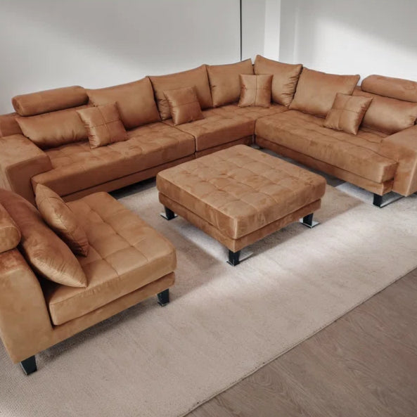 U-Shape Sectional Sofa: 5 - Piece Upholstered Fabric Sectional Sofa(Dark Tan Microfiber/Microsuede)