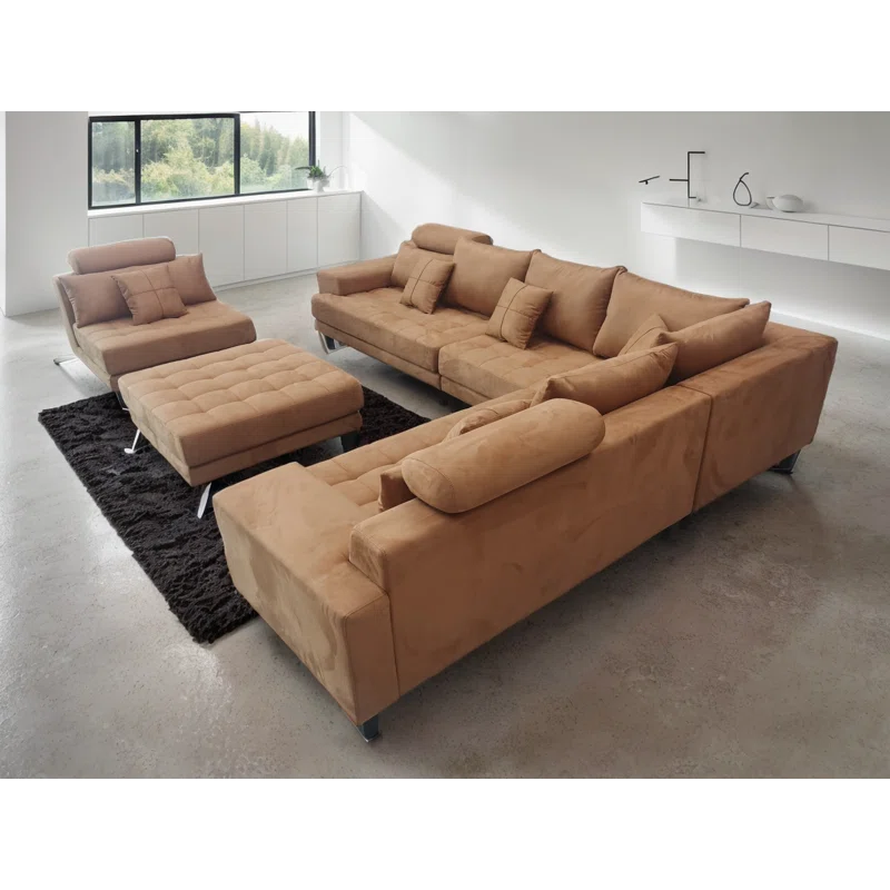 U-Shape Sectional Sofa: 5 - Piece Upholstered Fabric Sectional Sofa(Dark Tan Microfiber/Microsuede)
