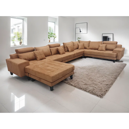 U-Shape Sectional Sofa: 5 - Piece Upholstered Fabric Sectional Sofa(Dark Tan Microfiber/Microsuede)