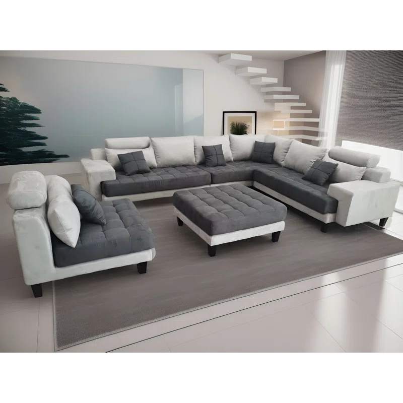 U-Shape Sectional Sofa: 5 - Piece Upholstered Fabric Sectional Sofa(Light Gray/Dark Gray Microfiber/Microsuede)