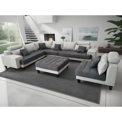 U-Shape Sectional Sofa: 5 - Piece Upholstered Fabric Sectional Sofa(Light Gray/Dark Gray Microfiber/Microsuede)