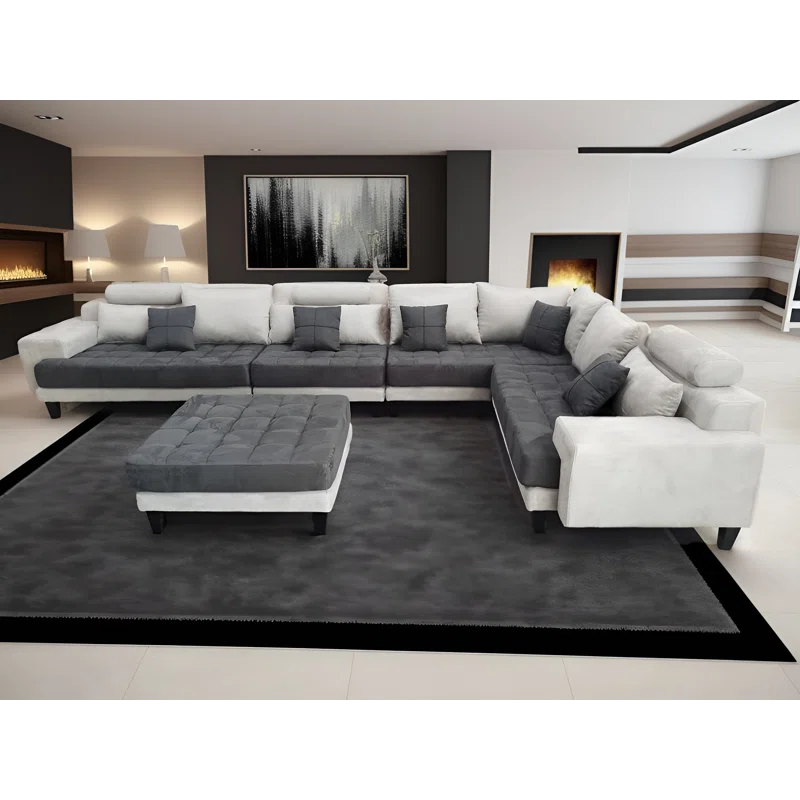 U-Shape Sectional Sofa: 5 - Piece Upholstered Fabric Sectional Sofa(Light Gray/Dark Gray Microfiber/Microsuede)