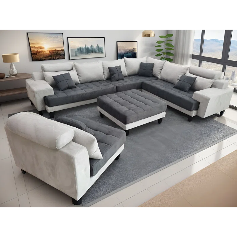 U-Shape Sectional Sofa: 5 - Piece Upholstered Fabric Sectional Sofa(Light Gray/Dark Gray Microfiber/Microsuede)