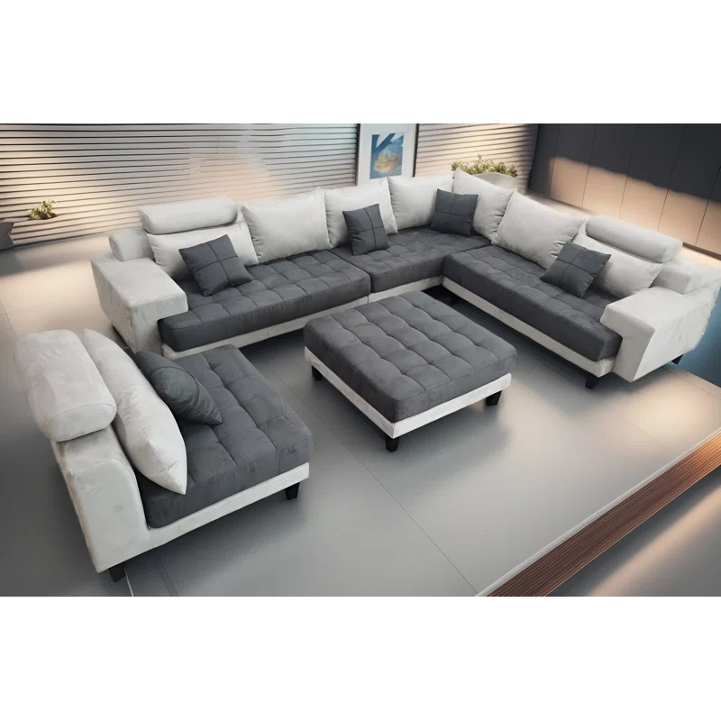 U-Shape Sectional Sofa: 5 - Piece Upholstered Fabric Sectional Sofa(Light Gray/Dark Gray Microfiber/Microsuede)