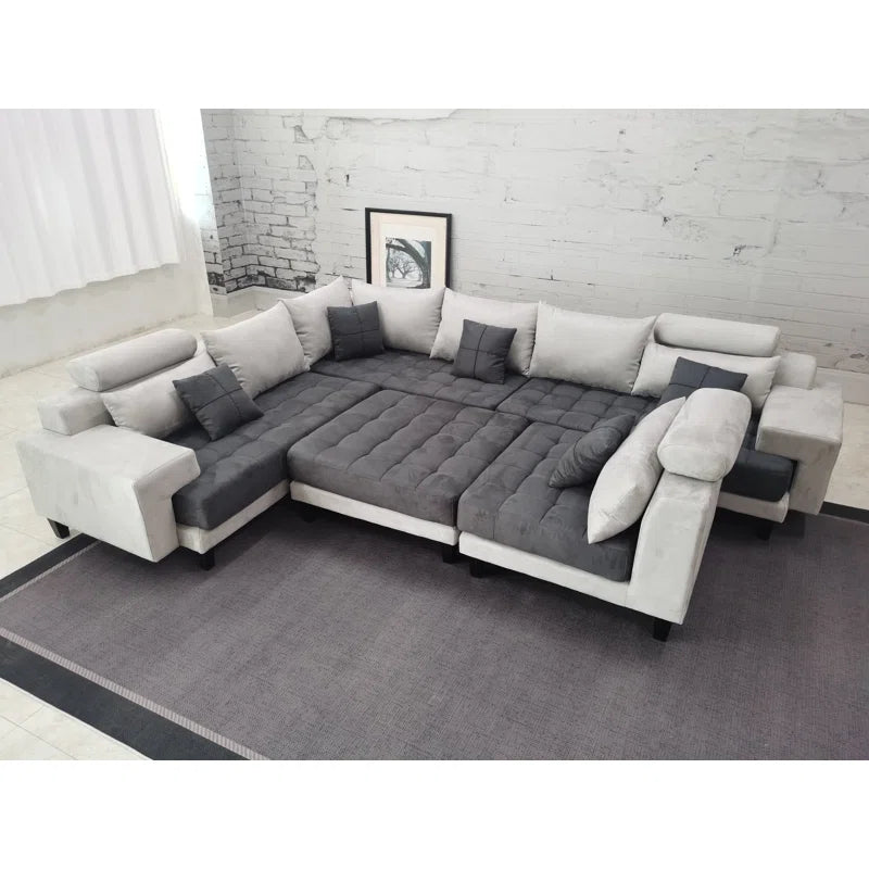 U-Shape Sectional Sofa: 5 - Piece Upholstered Fabric Sectional Sofa(Light Gray/Dark Gray Microfiber/Microsuede)