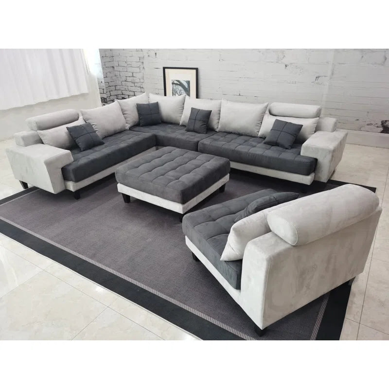 U-Shape Sectional Sofa: 5 - Piece Upholstered Fabric Sectional Sofa(Light Gray/Dark Gray Microfiber/Microsuede)