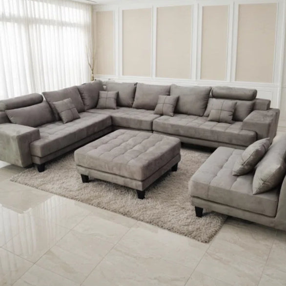 U-Shape Sectional Sofa: 5 - Piece Upholstered Fabric Sectional Sofa(Tan Microfiber/Microsuede)