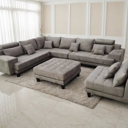 U-Shape Sectional Sofa: 5 - Piece Upholstered Fabric Sectional Sofa(Tan Microfiber/Microsuede)